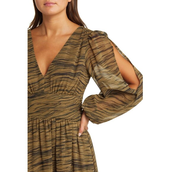 Chelsea28 Split Long Sleeve Tiered Dress In Olive Black Geode Stripe Sz M New - Picture 4 of 11